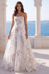 Strapless Printed Ruched A Line Ivory Maxi Wedding Dress