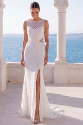 Ivory Mermaid Cut Out Boat Neck Lace Wedding Dress with Slit