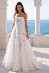 Ivory Strapless A Line Floral Wedding Dress