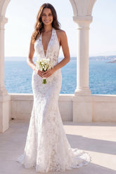 Floral Halter Mermaid Ivory Maxi Wedding Dress