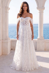 Off the Shoulder Corset Floral A Line Ivory Maxi Wedding Dress