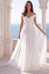 Off the Shoulder Ruched Cut Out Ivory Maxi Wedding Dress