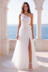 One Shoulder Ruched Pleated Cut Out Ivory Wedding Dress