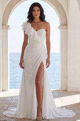 One Shoulder Ivory Ruched Ruffled Mermaid Wedding Dress