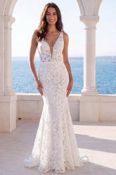 Floral Mermaid Ivory V Neck Maxi Wedding Dress