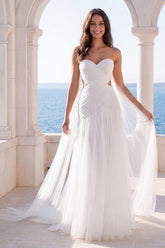 Strapless Ruched Pleated Cut Out Ivory Maxi Wedding Dress