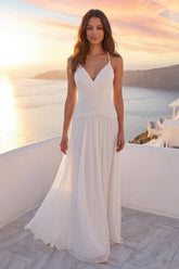 Ivory Ruched Pleated A Line Maxi Wedding Dress with Pearls