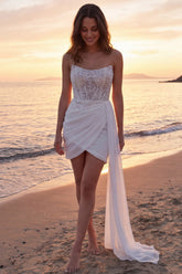 Sparkly Strapless Ivory Ruched Mini Wedding Dress with Streamer