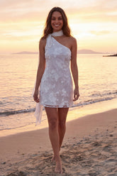 One Shoulder Floral Ivory Mini Bridal Shower Dress with Streamer