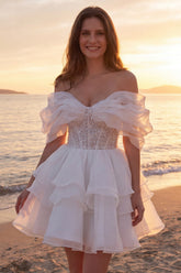 Off the Shoulder Sequin Corset Tiered Mini White Dress