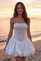 Strapless Sequin Corset A Line Mini White Dress