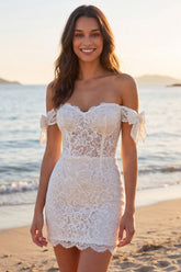 Off the Shoulder Lace Corset Bodycon Mini White Dress with Bows