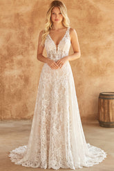 Ivory A Line Lace Corset V Neck Wedding Dress
