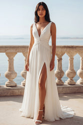 Ivory A Line Pleated Ruched V Neck Wedding Dress with Slit