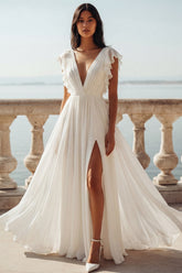 Ivory A Line Pleated V Neck Wedding Dress with Ruffles