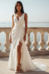 Ruffled Ruched V Neck Ivory Wedding Dress with Slit
