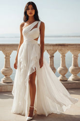 One Shoulder Ruffled Cut Out Ruched A Line Ivory Wedding Dress