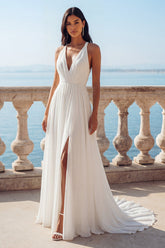Ruched A Line Ivory Wedding Dress with Slit