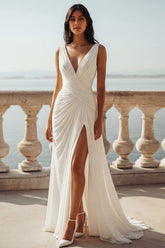 Ruched A Line Ivory V Neck Wedding Dress with Slit