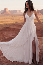 Ruffled A Line Ivory Chiffon Boho Wedding Dress with Slit