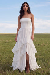 Strapless Ruffled A Line Ivory Boho Wedding Dress with Slit