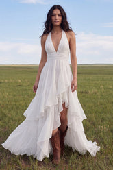 Ruffled A Line Ivory Cut Out Boho Wedding Dress with Bow