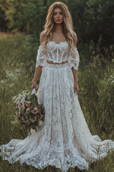 Off the Shoulder Corset 2 Piece A Line Lace Ivory Boho Wedding Dress