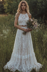 Halter Lace 2 Piece A Line Ivory Boho Wedding Dress