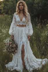 Lace 2 Piece Long Sleeve A Line Ivory Boho Wedding Dress