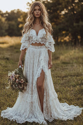 Off the Shoulder Lace 2 Piece A Line Ivory Boho Wedding Dress with Ruffles