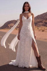 Appliqued A Line Ivory Boho Wedding Dress with Slit