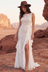 Bateau Neck Lace Mermaid Ruffled Ivory Boho Wedding Dress
