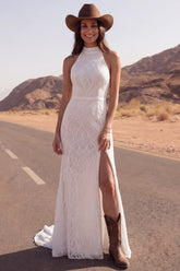 Halter Lace Mermaid Ivory Boho Wedding Dress with Slit