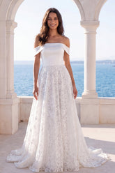 Off the Shoulder Floral A Line Ivory Maxi Wedding Dress