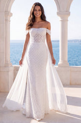 Sparkly Off the Shoulder Corset Mermaid Ivory Wedding Dress