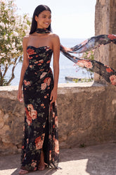 Sweetheart Black Mermaid Floral Wedding Guest Dress with Scarf