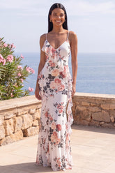 Floral Mermaid Ivory Ruffled Spaghetti Straps Wedding Guest Dress