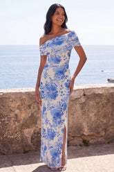 Off the Shoulder Blue Floral Wedding Guest Dress with Slit