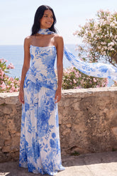 Strapless Blue Floral Maxi Wedding Guest Dress with Scarf