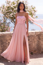 Strapless Pink A Line Wedding Guest Dress with Slit