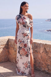 One Shoulder Sheath Ivory Floral Wedding Guest Dress with Slit