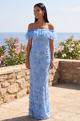 Off the Shoulder Lace Blue Floral Wedding Guest Dress