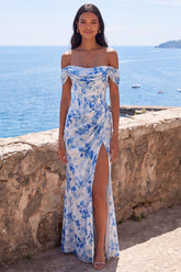 Off the Shoulder Blue Floral Maxi Wedding Guest Dress with Slit