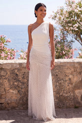 White Black One Shoulder Polka Dot Sheath Maxi Dress