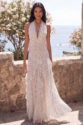 Halter White Black Ruffled Maxi Polka Dot Dress