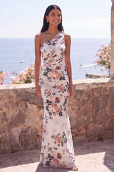 One Shoulder Mermaid Ivory Floral Wedding Guest Dress with Sash