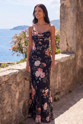 Black Mermaid Floral Spaghetti Straps Wedding Guest Dress