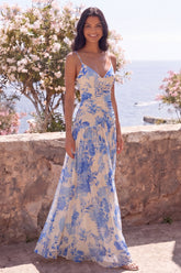 Blue Floral A Line Spaghetti Straps Wedding Guest Dress