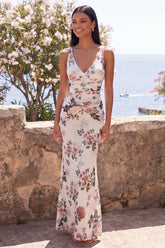 Floral Ivory Mermaid V-Neck Wedding Guest Dress