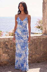Blue Floral Ruffled Sheath Spaghetti Straps Wedding Guest Dress